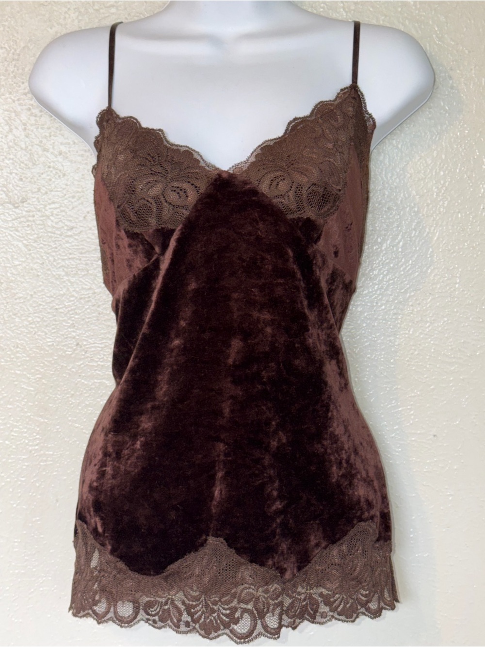 Vintage 90s Nygard Brown Silk & Velvet Lace Trimmed Cami Tank Top Sz 8